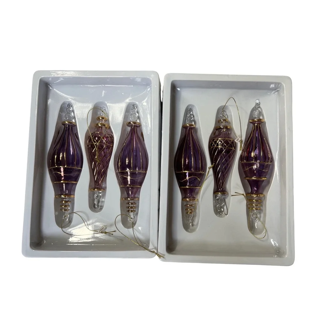 Dillards Trimmings Vintage Purple Gold Glass Finial Christmas Ornaments Set of 6